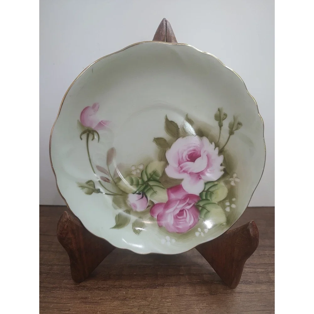 Vintage Lefton Heritage Green Hand Painted Teacup and Saucer #3057 1950's